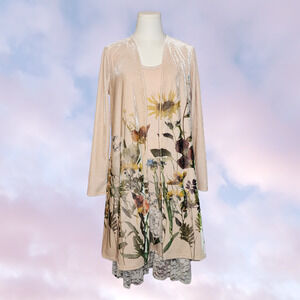 Vtg Vocal Two Piece Cardigan Dress Velvet Floral Flower Lace Layer Cottage Set